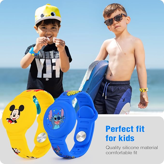 2 Pack AirTag Bracelet for Kids, Waterproof Cute Cartoon Air tag Holder for Kids with Watch Band Design, Full Coverage Silicone Airtag Hidden Accessories for Child, Healthy Material Blue + Yellow-CubbioJoy