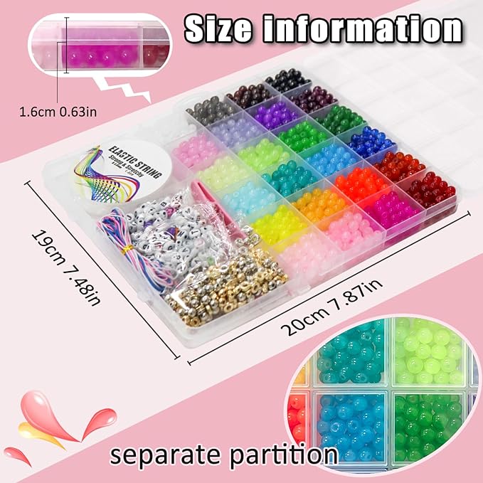 JULIMAIDONG 6mm Glass for Bracelets 1400pcs, 24 Colors Round Crystal Glass Bracelet Making Kit for Jewelry Making Kits Bead DIY Crafts with Spacer Charms Accessories (6mm, 24Color)-CubbioJoy
