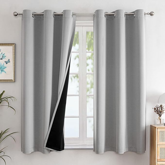 ChrisDowa 100% Blackout Curtains for Bedroom with Black Liner, 2 Thick Layers Total Blackout Thermal Insulated Grommet Window Curtains 63 Inch Length 2 Panels Set (Light Grey, 42 x 63 Inch)-CubbioJoy