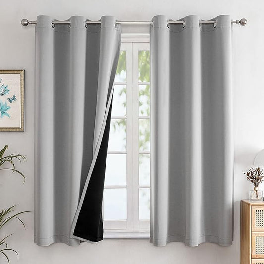 ChrisDowa 100% Blackout Curtains 63 inch Long for Bedroom with Black Liner, 2 Thick Layers Total Blackout Thermal Insulated Grommet Window Curtains 2 Panels Set (Light Grey, 38 x 63 Inch)-CubbioJoy