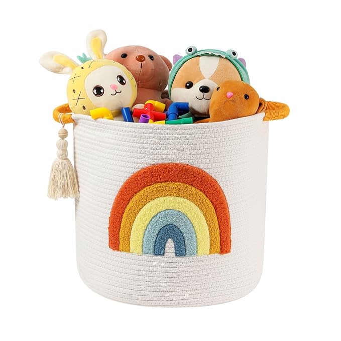 INough Toy Storage Baskets Woven Cotton Rope Storage Basket Kids Blanket Baskets for Living Room, Toys Organizer with Embroidery Colorful Rainbow Decor, Baby Basket for Laundry Nursery (Boho Rainbow)-CubbioJoy