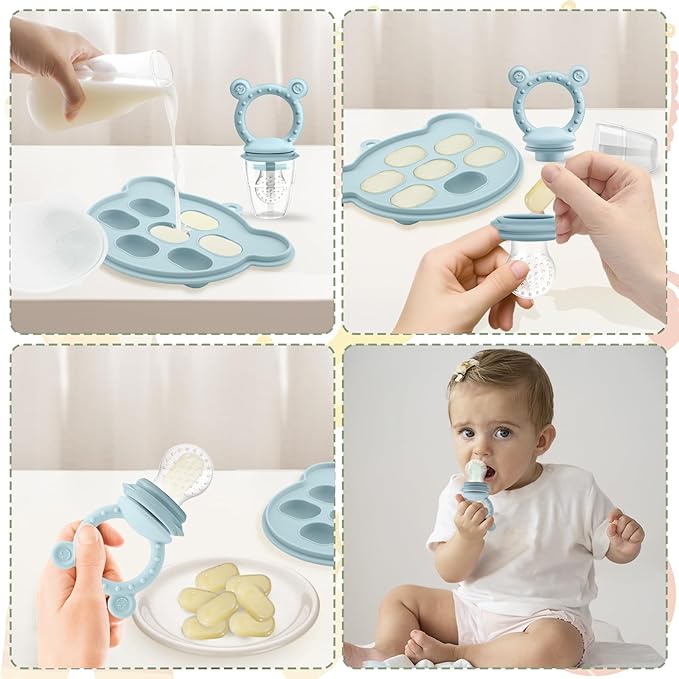 JEXFUN Silicone Baby Fruit Food Feeder Pacifier & Breastmilk Popsicle Freezer Molds for Cooling Relief, BPA Free Silicone Feeder to Safely Introduce New Foods, Double as Teething Toys, 4 Month+-CubbioJoy