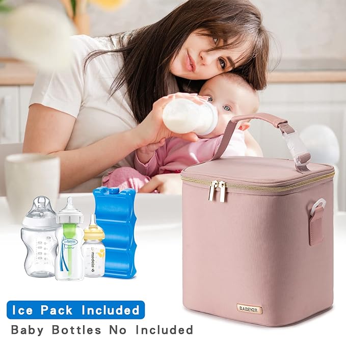 Breast Milk Cooler Bag with Ice Pack Fits 6 Baby Bottles Up to 9 Ounce, Baby Bottle Bag with Shoulder Strap for Nursing Mom Daycare, Pink-CubbioJoy