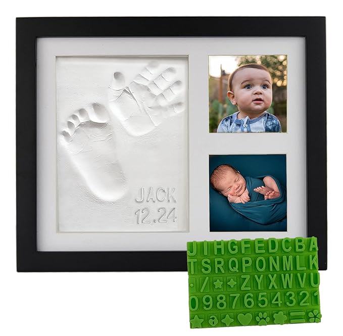 Baby Hand & Footprint Clay Keepsake Photo Frame Kit - w/Silicone Stencil for a Personalized Gift. Wood Frame, Wall/Table Mount. Perfect Registry, Baby Shower, New Mom, Birthday & Newborn Gift - Black-CubbioJoy