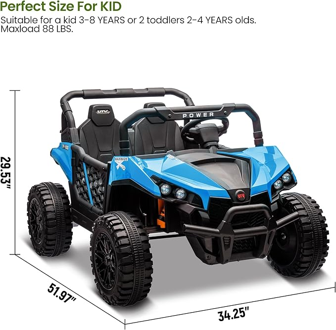 24V 2 Seater Ride On Car Truck, Power Wheels Kids UTV w/Parent Remote Control, 3.1 MPH Max Speed, Music Player, LED Lights & Storage, Electric Vehicle Ride On Toy for Kids Toddler Ages 3-8, Blue-CubbioJoy