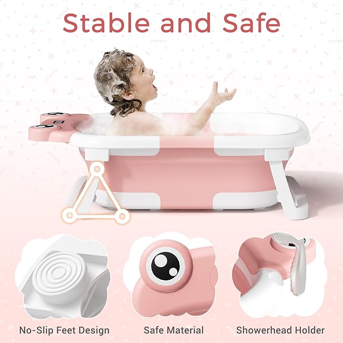 Baby Bathtub, Collapsible Newborn Bathtub for Infant to Toddler 0-24 Months with Soft Cushion and Thermometer,Portable Travel Newborn Tub with No-Slip Feet, Baby Shower Gifts,Pink-CubbioJoy