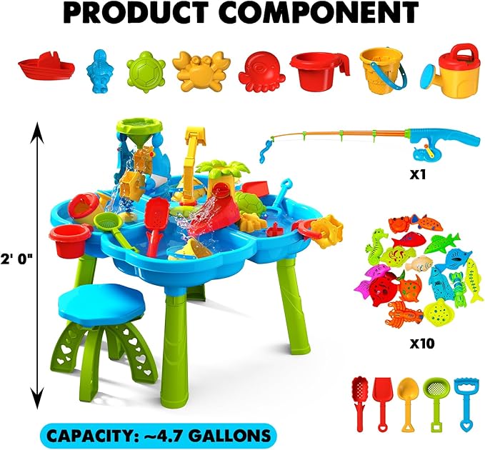 CozyBomB™ Water Table for Toddlers 3-5 | Outdoor Toys Water Play Table, Magnetic Fishing Toy Game, Summer Splash Pond Showers Sand Activity, Sensory Party Birthday Gift Kids Ages 4-8 9-12 (1-Tier)-CubbioJoy