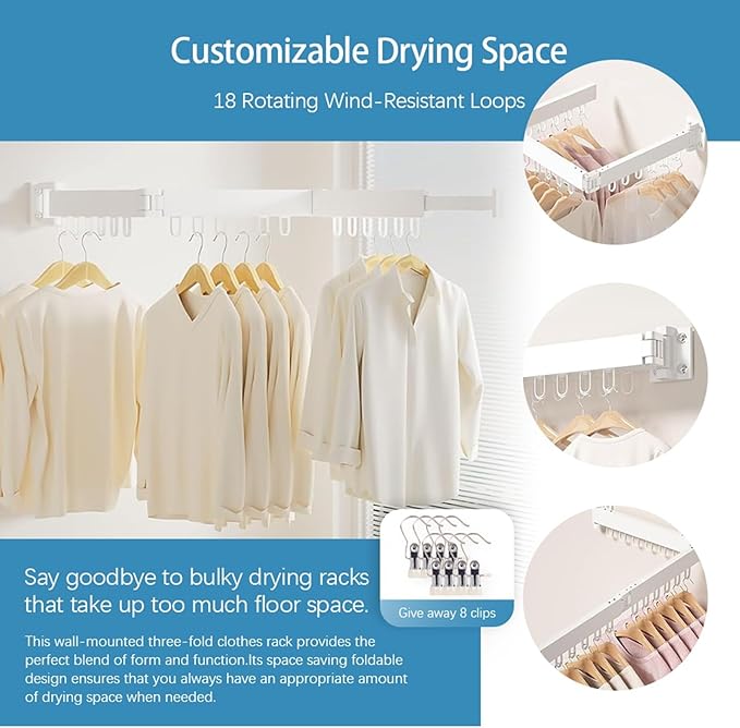 Clothes Drying Rack Wall Mounted,Space Saving Wall Drying Rack,Retractable Collapsible Tri-Fold,for Bathroom,Balcony,Outdoor lndoor with Laundry,White-CubbioJoy