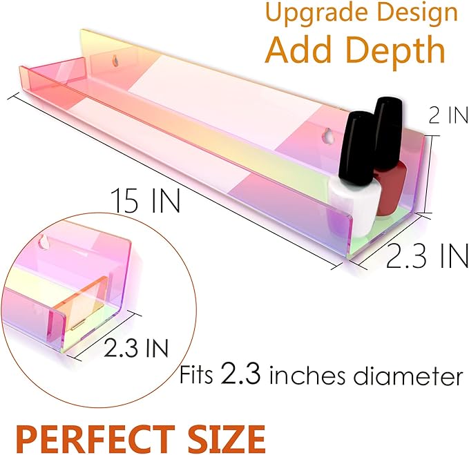 4 Pack 15 Inch Iridescent Acrylic Shelves, Clear Rainbow Floating Shelves for Wall, Modern Sunglasses Essential Oil Picture Ledge Display Toy Storage Wall Shelf-CubbioJoy