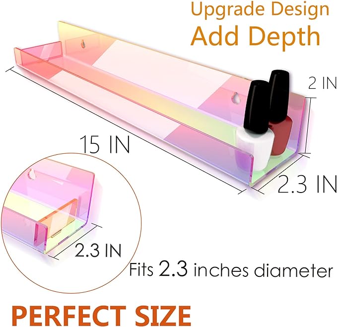 8 Pack 15 Inch Iridescent Acrylic Shelves, Clear Rainbow Kids Floating Bookshelf for Kids Room, Modern Sunglasses Essential Oil Picture Ledge Display Toy Storage Wall Shelf-CubbioJoy