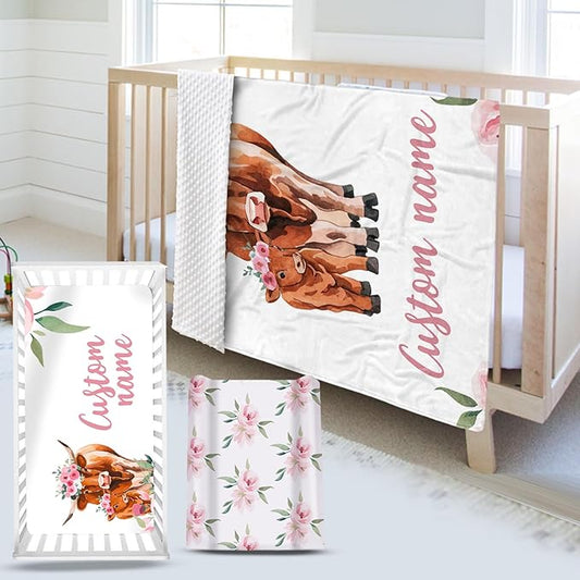Custom Name Crib Bedding Set - Highland Cow Theme, Personalized Pink Flower Nursery Bedding 3-Piece Set– Soft Blanket, Fitted Sheet, Changing Pad Cover – for Newborns Girls Nursery Gifts-CubbioJoy