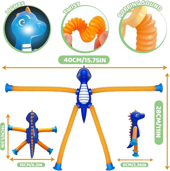 Dinosaur Pop Tubes Toys LED Light Up Mini Figures Fidget Sensory Toys Dino Telescopic Suction Cup Gift Sets, Toddler Autism Stress Relief Party Favors Prizes Stocking Stuffers for Kids 3+-CubbioJoy