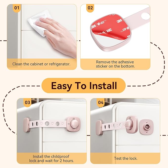 2 Pack Cabinet Locks/Refrigerator Locks Baby Proofing - Child Proof Locks for Drawer, Refrigerator, Fridge, Toilet Seat-No Screws or Tools Required (2 Pack-Pink Locks)-CubbioJoy