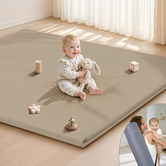 Baby Play Mat 47x47 Inches, Extra Thick 1.2" Foam Floor Mat for Tummy Time & Crawling, Waterproof Non-Slip Faux Leather Playpen Mat for Infants Toddlers, Indoor Outdoor Gym Activity, Brown-CubbioJoy