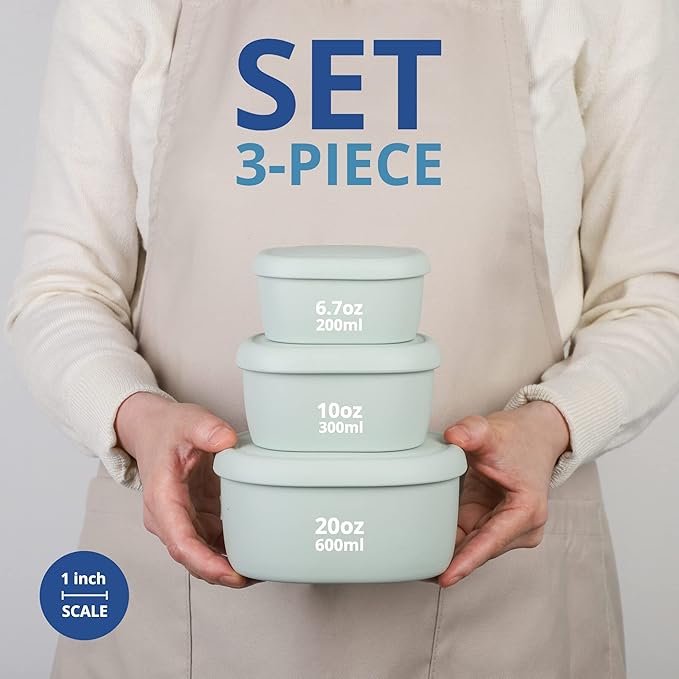 BLUE GINKGO Nesting Silicone Containers - Set of 3 Hard-Shell Silicone Food Storage Containers | BPA Free, Airtight, Dishwasher and Freezer Safe (6.7oz, 10oz, 20oz) - Green-CubbioJoy