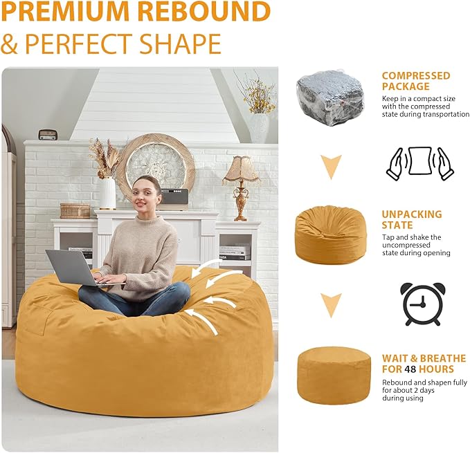 4FT Bean Bag Chair, Large Bean Bag Chairs with Memory Foam Filled, Fluffy Beanbag Sofa with Dutch Velvet Cover, Round BeanBag Chairs for Living Room, Playroom - Mustard-CubbioJoy