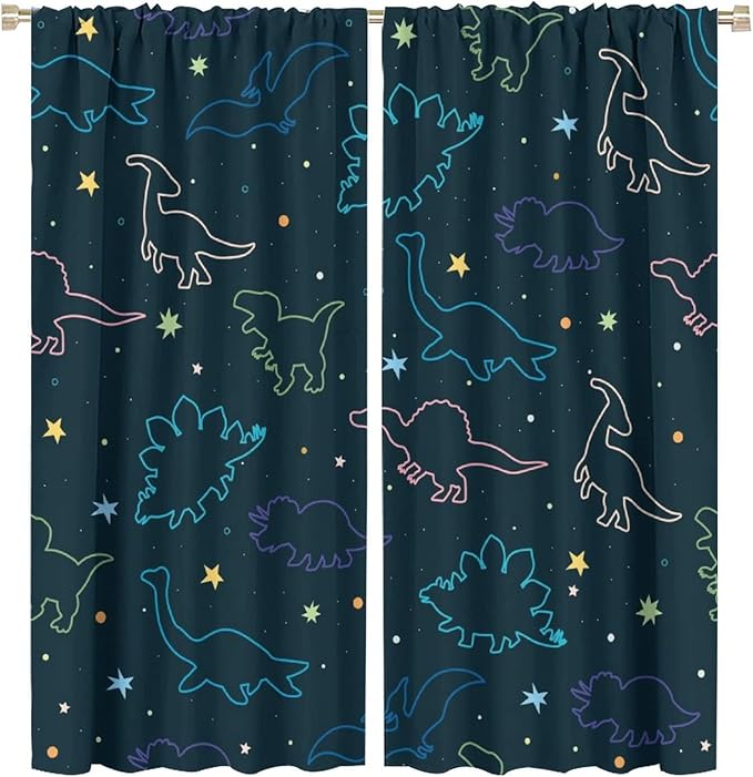 Cartoon Colorful Dinosaur Curtains for Kids Boys Girls Home Decor, Astronaut Funny Outer Space Star Blackout Rod Pocket Window Drapes for Bedroom Living Room W31.5xL72in 2 Panels-CubbioJoy
