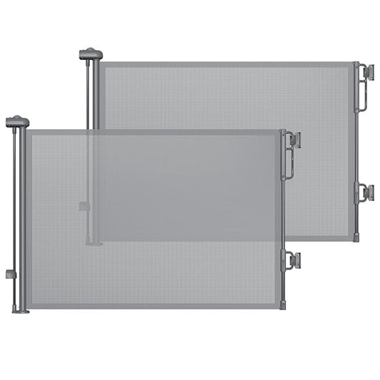 Cumbor 2-Pack Retractable Baby Gates for Stairs, 55" Wide Soft Mesh Pet Gate for Dogs with One Hand Opening, 34" Tall Toddler Gate with Top Lock for Bedroom, Doorways, Indoor/Outdoor, Gray-CubbioJoy