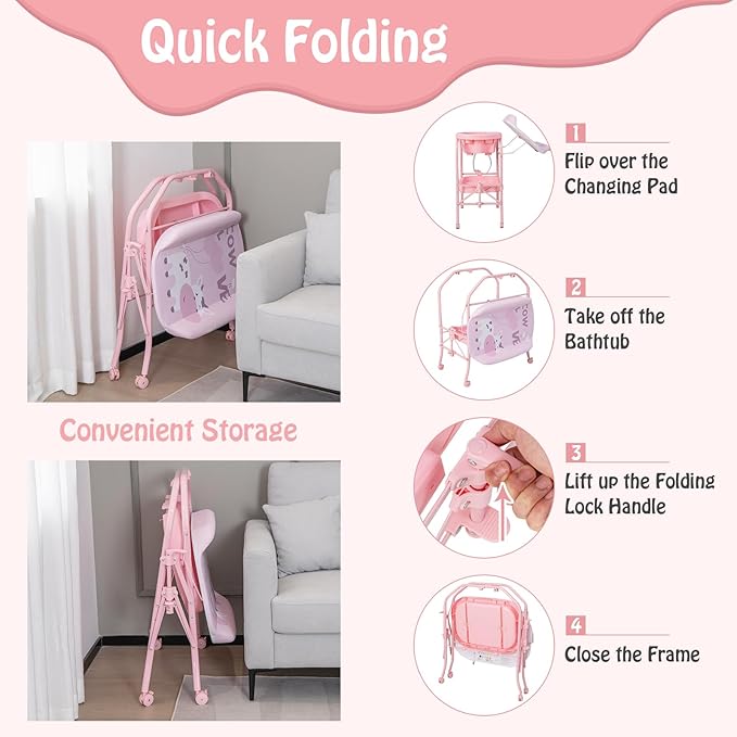 BABY JOY Baby Bathtub with Changing Table, Foldable Infant Diaper Changing Station with Storage Tray, Waterproof Pad, Portable Newborn Nursery Organizer Bath Stand with 4 Universal Wheels (Pink)-CubbioJoy