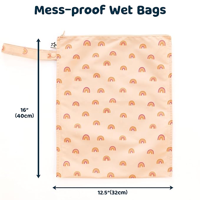 Tiny Twinkle Mess-Proof Waterproof Wet Dry Bag | 2-Pack Reusable Wet Bags for Swimsuits & Baby Clothes | Leakproof Wet Bag for Travel & Diaper Changes for Baby (Boho Rainbow)-CubbioJoy