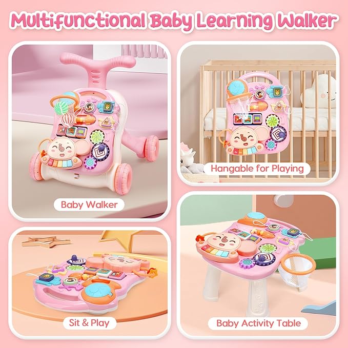 CUTE STONE 2-in-1 Baby Walker for Girls, Toddlers Learning Walker, Early Educational Push Walking Toys with Detachable Activity Center for Infants 12+ Months-CubbioJoy