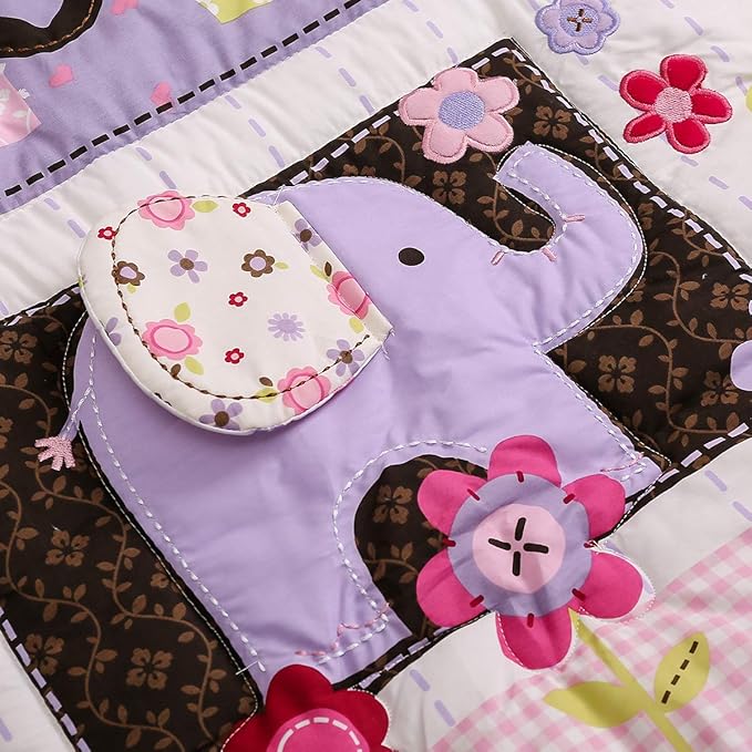 Brandream Crib Bedding Set 3 Pieces Purple Baby Girls Cotton Patchwork Flowers Elephant Owl Nursery with Ruffle Design, Princess Lovely Cute Breathable Healthy-CubbioJoy