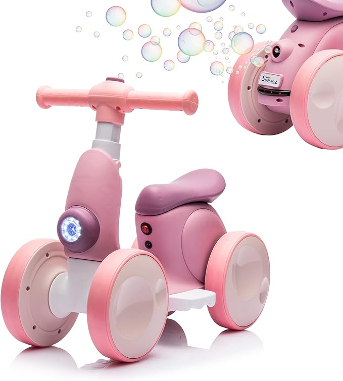 6V Electric Baby Balance Bike with Bubble Machine,4 in 1 Toddler Balance Bike w/Remote for 1 Year Old Boys Girls Kids Bubble Bike Ride on Toys w/Powered Motor,Music,LED Lights (Purple)-CubbioJoy