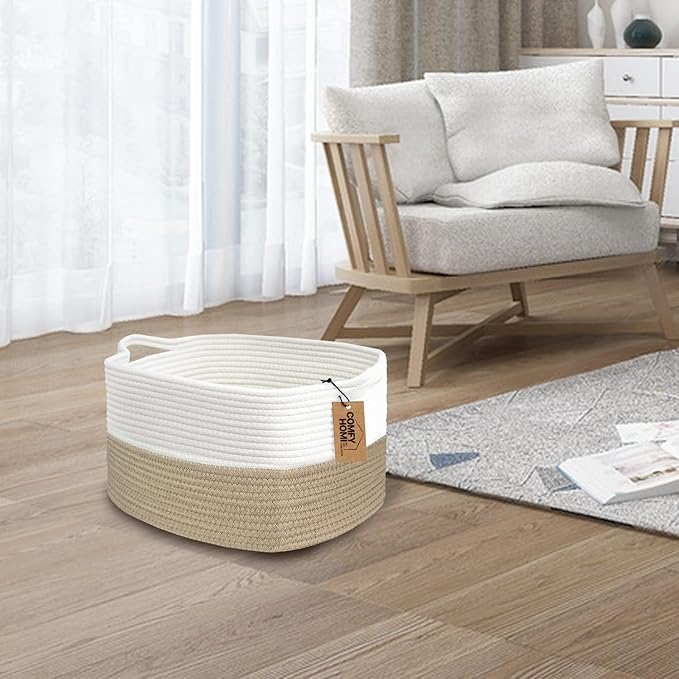 COMFY-HOMI Cotton Rope Woven Basket with Handles for Shelves,Toys,Book, Cloth Storage Baskets Bin for Organizing-13.5"x11"x9.5" Toy Decorative Organizer for Living Room, Bathroom-Light Brown-CubbioJoy