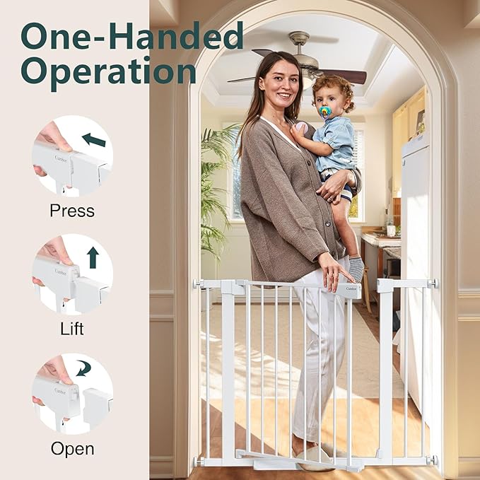 Cumbor 29.7-40.6" Baby Gate for Stairs, Mom's Choice Awards Winner-Dog Gate for Doorways, Pressure Mounted Self Closing Pet Gates for Dogs Indoor, Durable Safety Child Gate with Easy Walk Thru Door-CubbioJoy