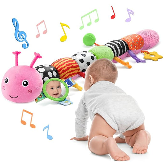 Baby Toys 6-12 Months Music Caterpillar Infant Toys Stuffed Animals 0-3-6 Months Teething Tummy Time Sensory Toys with Mirror Rattle&Pull String for Boys Girls Birthday Gifts|Pink,Knot Limb-CubbioJoy