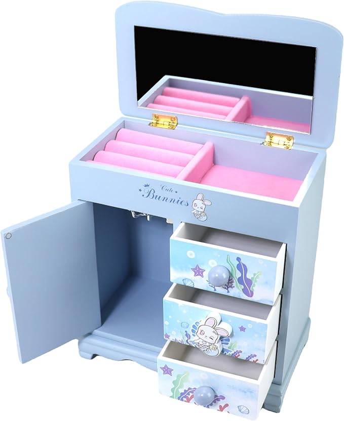 Children jewelry box for girls blue Cute bunny girls jewelry box Little girl birthday christmas Gift kids jewelry box-CubbioJoy