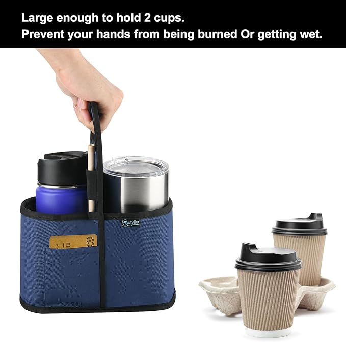 Beautyflier Drink Carrier with Handle for Delivery Reusable Insulated Coffee Cup Carrier Portable Cup Holder with Handle Organizer Tote Bag for Hot & Cold Drinks (2 Cup, Blue)-CubbioJoy