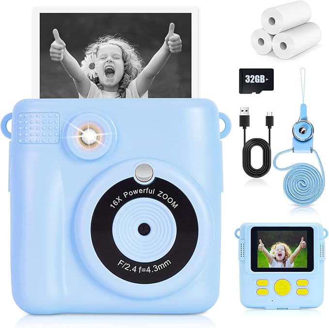 Instant Print Camera for Kids - 2.4 Inch Kids Camera Instant Print with Paper & 32G Card- Digital Children Toys as Christams Birthday Gifts for Girls Boys Age 3-12 - Blue-CubbioJoy
