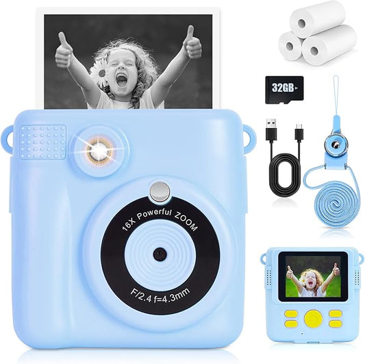 Instant Print Camera for Kids - 2.4 Inch Kids Camera Instant Print with Paper & 32G Card- Digital Children Toys as Christams Birthday Gifts for Girls Boys Age 3-12 - Blue-CubbioJoy