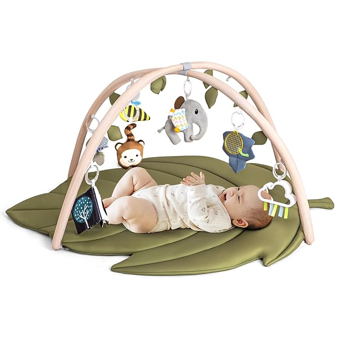 Infant Activity Center for Newborn to Develop Motor Cognition Leaves Leaf-Shaped Baby Play Gym & Activity Mat Extra Large Tummy Time Mat with 8 Detachable Toys-CubbioJoy
