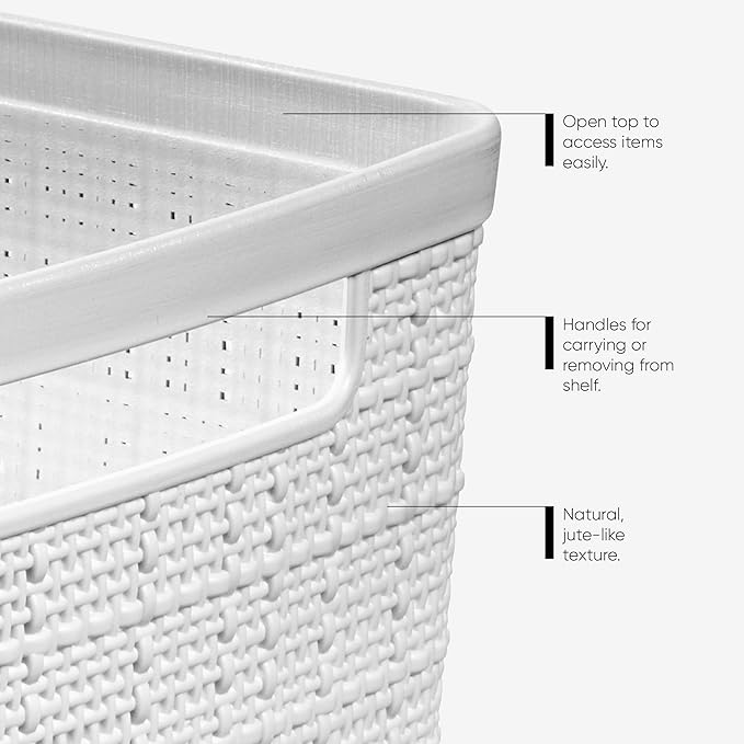 Curver Jute Decorative Plastic Organization and Storage Basket Perfect Bins for Home Office, Closet Shelves, Kitchen Pantry and All Bedroom Essentials, White, Large Cube, Set of 4-CubbioJoy