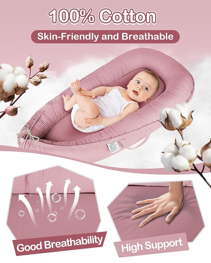 Baby Lounger - Infant Lounger for Newborn 0-24 Months, Pure Cotton Breathable Baby Nest Lounger Cover, Newborn Essentials for Baby Boys & Girls, Co Sleeper Portable Baby Bed for Home and Travel-CubbioJoy
