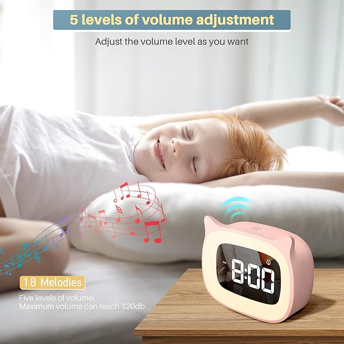 Kids Alarm Clock with Night Light & 18 Ringtones,Rechargeable,Cute Cat Ear Clock for Boys Girls Birthday Presents,Digital Clock for Children's Bedroom(Pink)-CubbioJoy