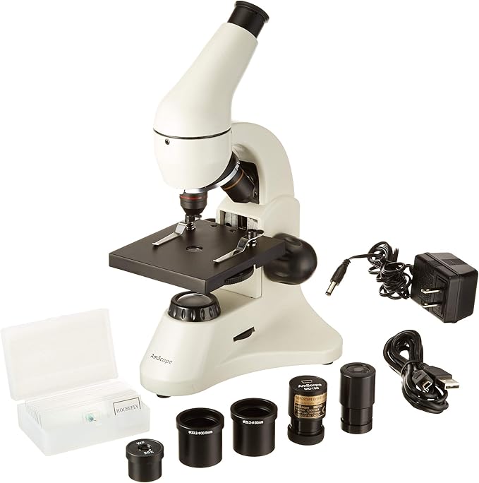 AmScope M120C-2L-PB10-E1 Digital Compound Monocular Microscope, WF10x and WF25x Eyepieces, 40x-1000x Magnification, Brightfield, Upper and Lower LED Illumination, Plain Stage, Includes Blank and Prepared Slides, 1.3MP Camera and Software-CubbioJoy