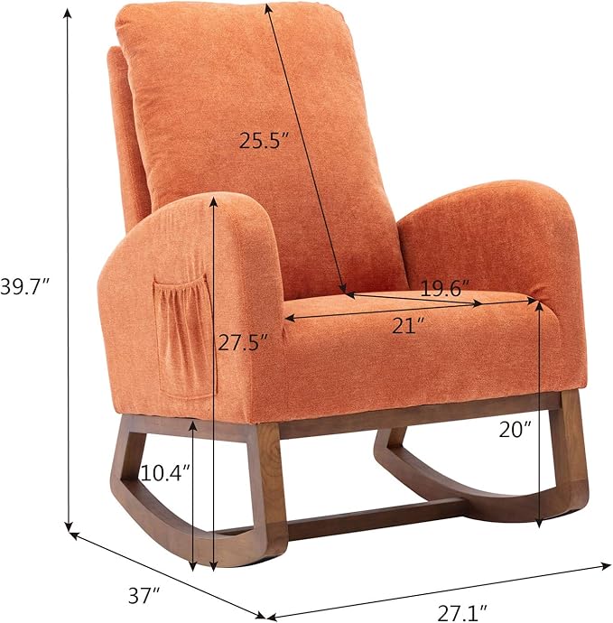 Dolonm Rocking Chair Mid-Century Modern Nursery Rocking Armchair Upholstered Tall Back Accent Glider Rocker for Living Room (Orange)-CubbioJoy