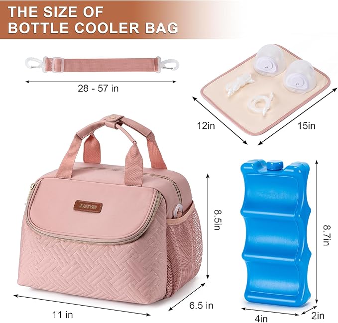 Breastmilk Cooler Bag with Ice Pack Fits 6 Baby Bottles up to 9 Ounce, Wearable Breast Pumps Cooler Bag for Nursing Mom Daycare, Work, Travel- Pink-CubbioJoy