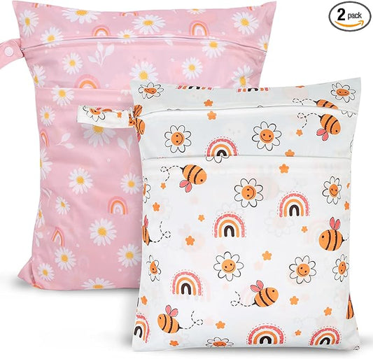 2pcs Travel Waterproof Laundry Bag, Cloth Diaper Wet Dry Bags with Handle & 2 Zipper Pockets, Reusable Washable Dirty Clothes Bag for Baby Adult Travelling Hanging, Bathing Beach Pool Daycare-CubbioJoy