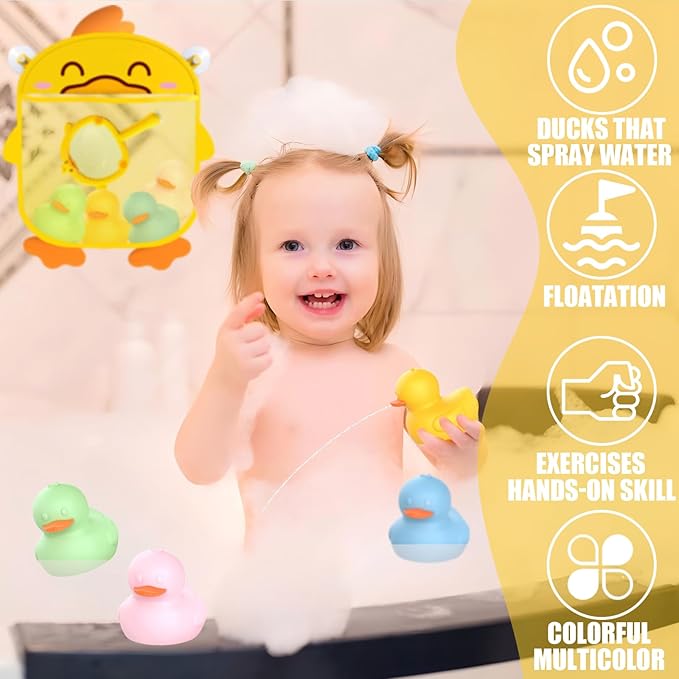 6Pcs Mold-Free Bath Toy Silicone Duck Set for Toddlers 1-3 Years and Babies 6-12 Months, Dishwasher Safe, with Duck Fishing Net and Storage Bag-CubbioJoy