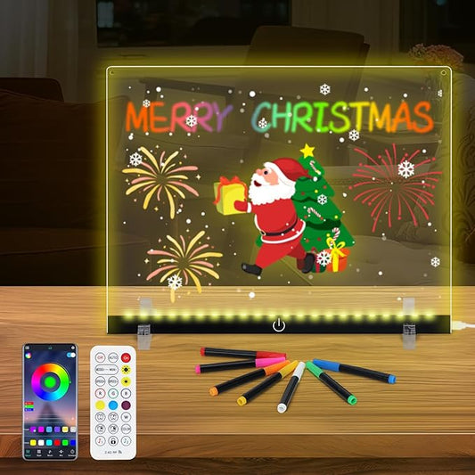 Doodle Glow, LED Note Board with Colors, 14.1"x10.9" Wooshneesham Acrylic Dry Erase Board, 16M-Color LED Light-Up Memo w/Music Sync, APP & Remote, Stand & 7 Markers, Battery Case, Neon Glow (Black)-CubbioJoy