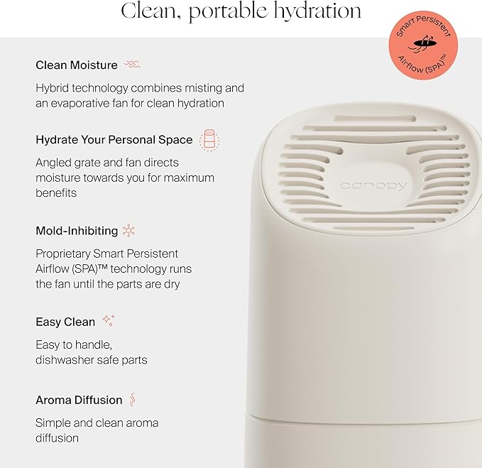 Canopy Portable Misting Humidifier - Cordless 11 HR Run Time, 500 mL, TSA Approved Travel Humidifier - Alleviate Symptoms of Allergies, Flu, Cold, Dry Skin - Includes Aroma & Adapter - Cream-CubbioJoy
