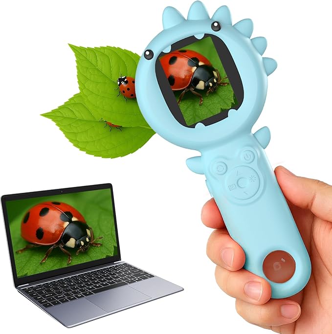 2-in-1 Microscope Camera for Kids, Mini Handheld Microscope Supporting Multiple Viewing Angles, Outdoor Educational Science Adventure Toys, Birthday Gifts for 3-10 Years Old Boys Girls, Blue Dinosaur-CubbioJoy