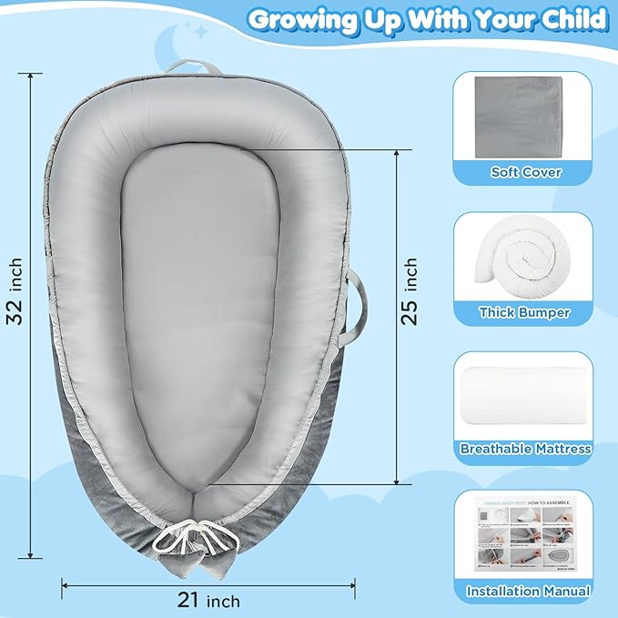 Baby Lounger - Baby Lounger for Newborn 0-24 Months, Breathable & Soft Cotton and Velvet Cover Baby Nest, Portable Tummy Time Lounger for Home and Travel, Ideal Baby Essentials & Shower Gifts-CubbioJoy