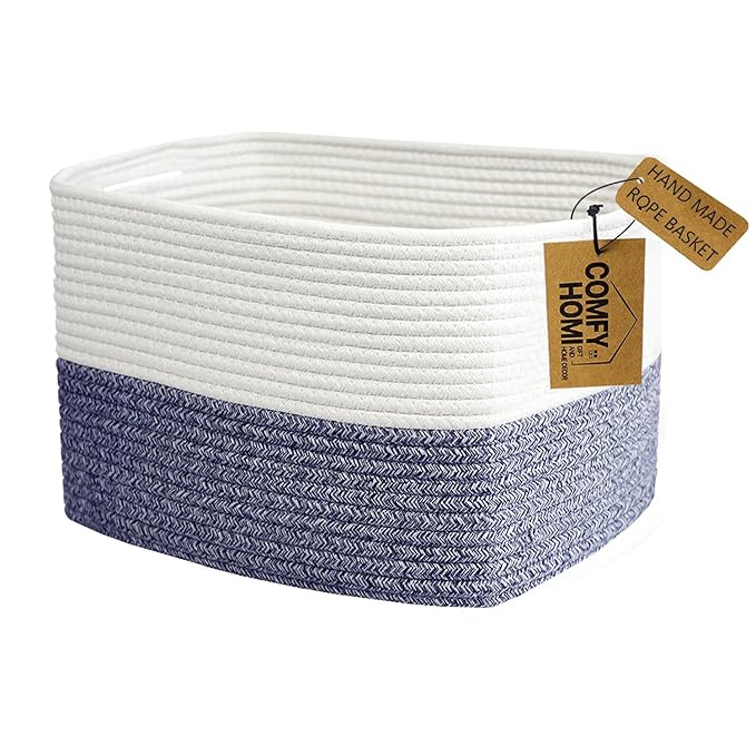 COMFY-HOMI Medium Cotton Rope Basket With Handles for Shelves|Dog Toy|Baby Gift Basket Empty for Organizing|NEW Generation 13.5" x 11" x 9.5" Living Room (Navy Blue)-CubbioJoy