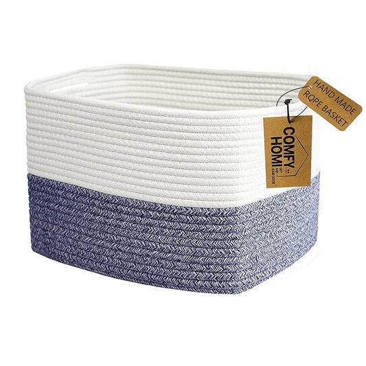 COMFY-HOMI Medium Cotton Rope Basket With Handles for Shelves|Dog Toy|Baby Gift Basket Empty for Organizing|NEW Generation 13.5" x 11" x 9.5" Living Room (Navy Blue)-CubbioJoy