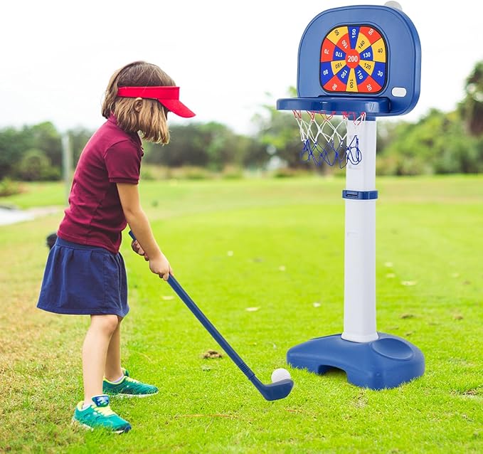 Costzon Kids Basketball Hoop, 4-in-1 Toddler Sports Activity Center with 5 Adjustable Height, Basketball Golf Toss Ring Dart Board Game Set, Indoor Outdoor Toddler Basketball Hoop, Gift for Boys Girls-CubbioJoy